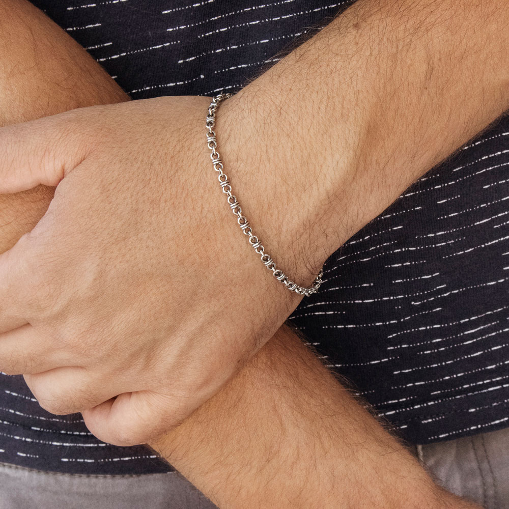 Chain Link Bracelet with Wire Links Worn by a Man