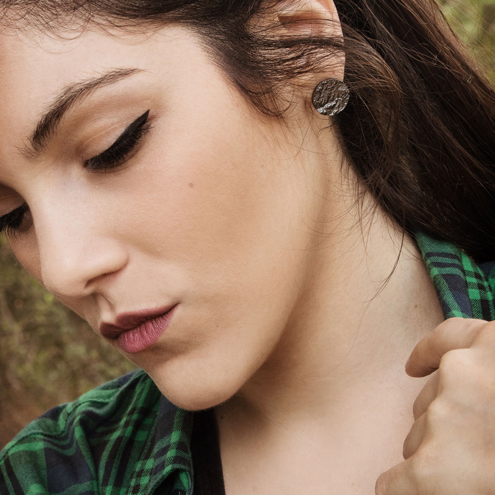 Oxidized Round Stud Earrings Worn by a Woman