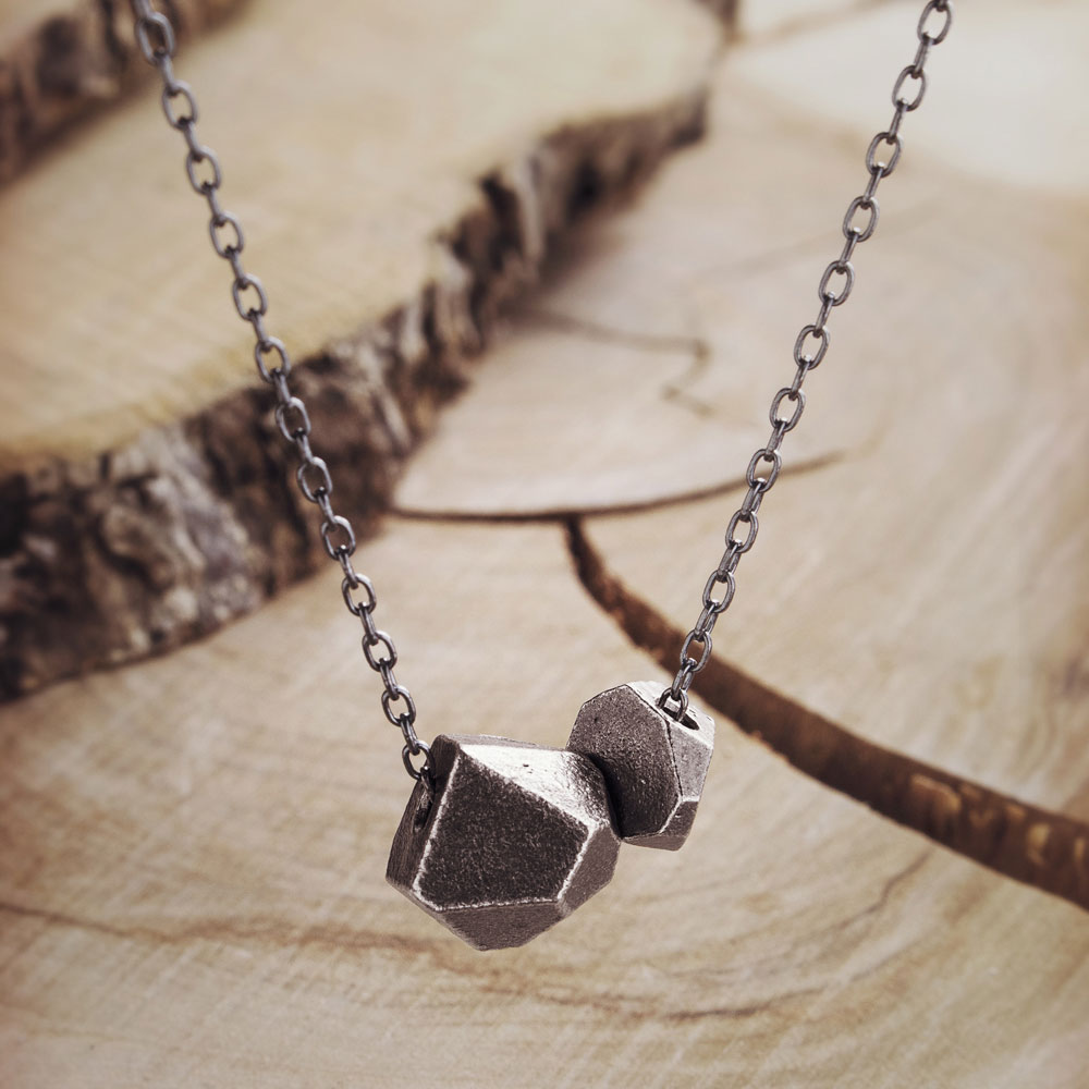 Oxidized Silver Pendant Necklace with Two Polygons