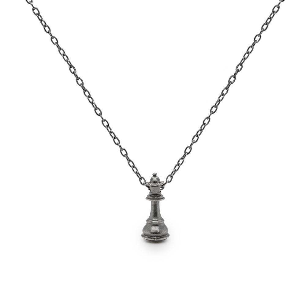 Queen Chess Piece Pendant Necklace in Dark Silver