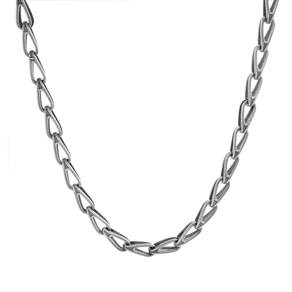curved link chain necklace in oxidized sterling silver on a white background