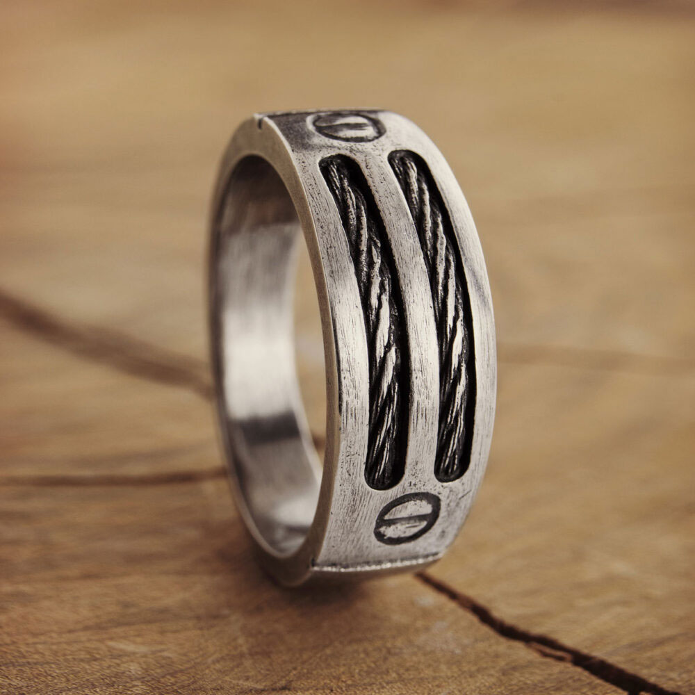 Twisted Silver Wire Ring, Oxidized with an Engraved Design