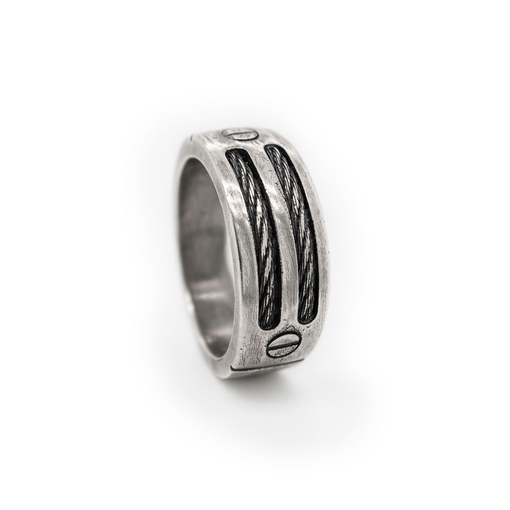 Twisted Silver Wire Ring, Oxidized with an Engraved Design