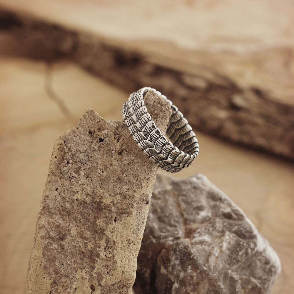 Embossed Ring with a Special Pattern in Oxidized Silver