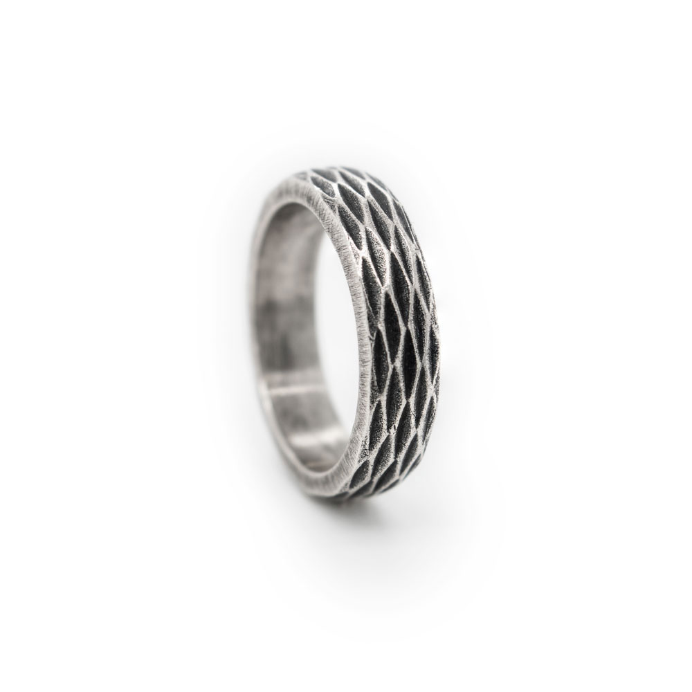 Band Ring with a Geometric Pattern in Oxidized Solid Silver