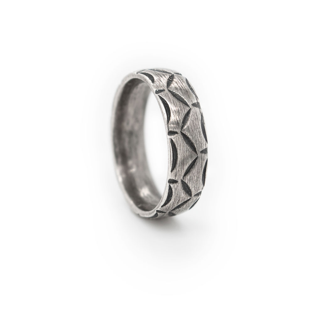 Geometric Embossed Band Ring in Oxidized Sterling Silver