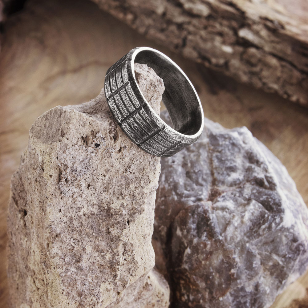 Thick Band Ring with a Geometric Pattern in Oxidized Silver