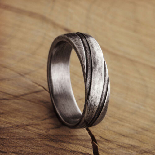 Geometric Engraved Band Ring in Oxidized Sterling Silver