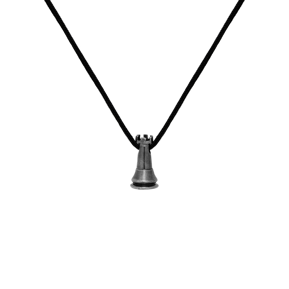 Rook Chess Piece Pendant Necklace in Oxidized Solid Silver with a black cord