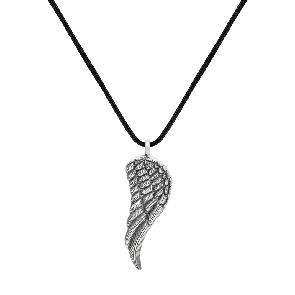 Angel Wing Pendant Necklace in Oxidized Solid Silver with a Black Cord