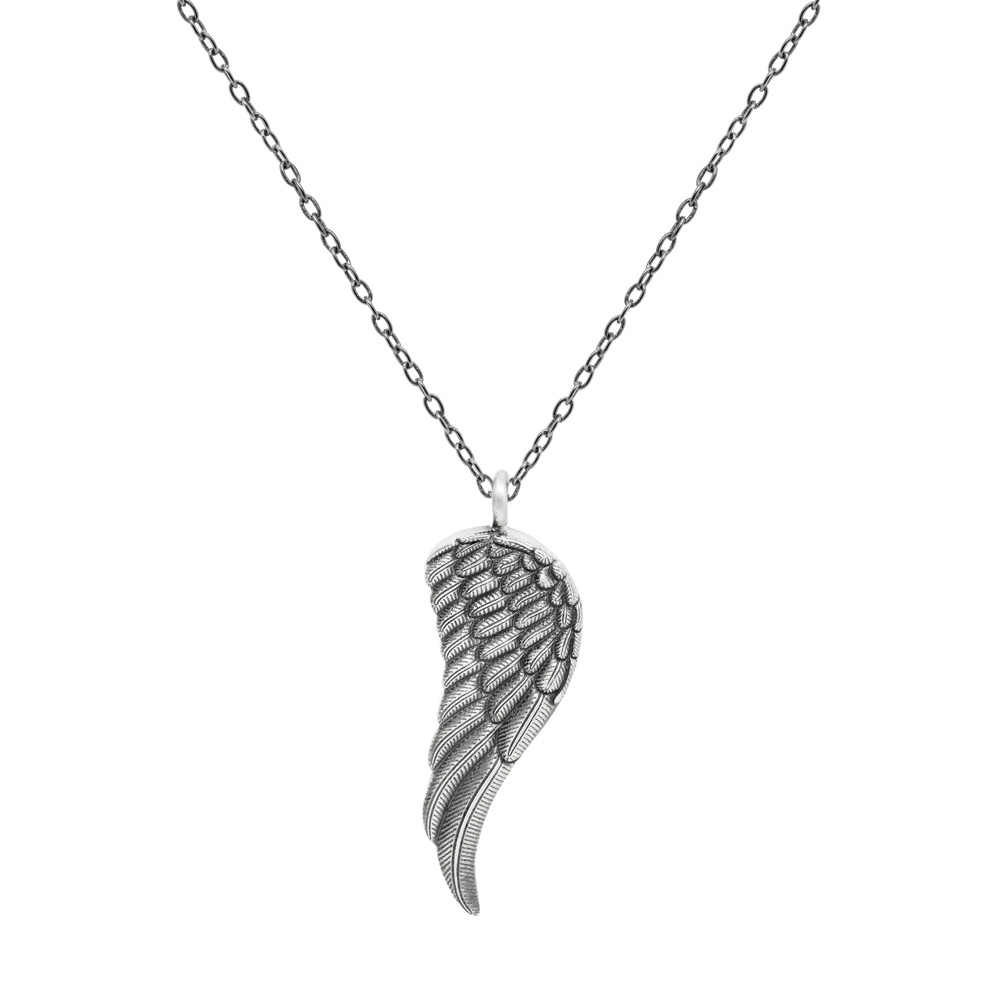 Angel Wing Pendant Necklace with a Chain in Oxidized Solid Silver