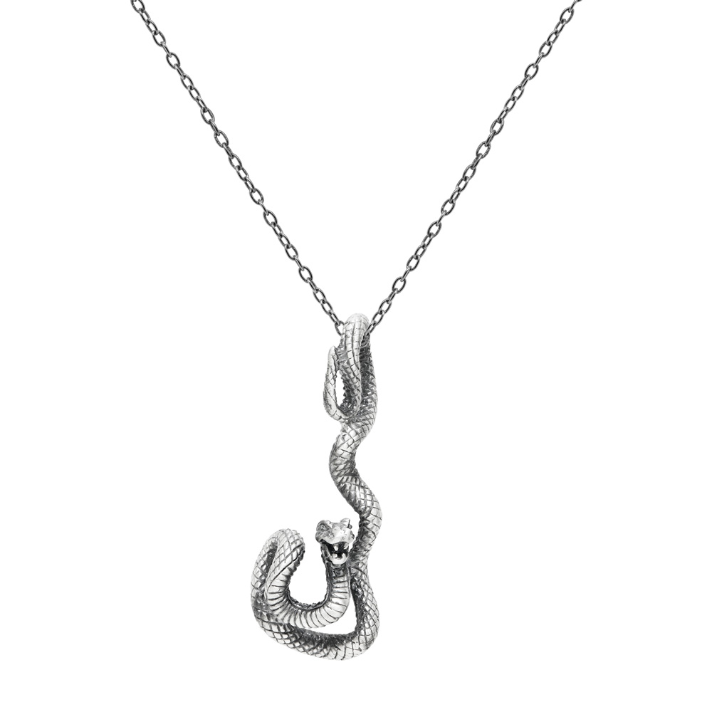 Snake Pendant Necklace with a chain in Oxidized Solid Silver displayed on a white background