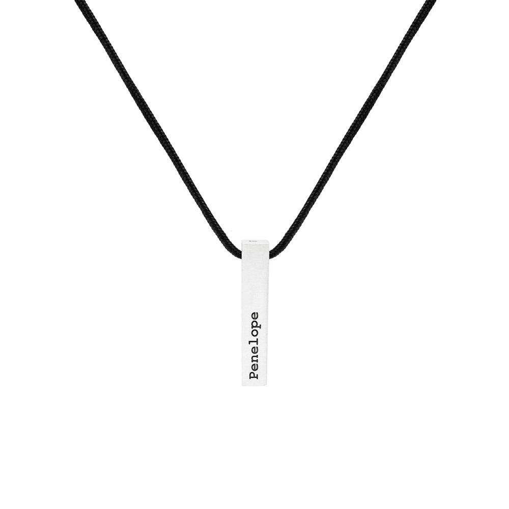 A Sterling Silver, Engravable Bar Pendant Necklace with a black cord on a white background