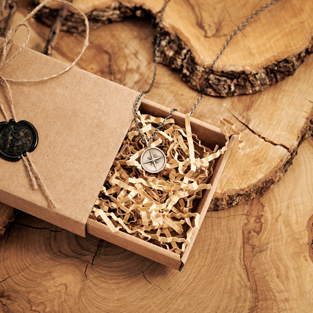 Silver Compass Pendant Necklace with an Oxidized Finish and a chain beautifully displayed inside a box laid down on a log