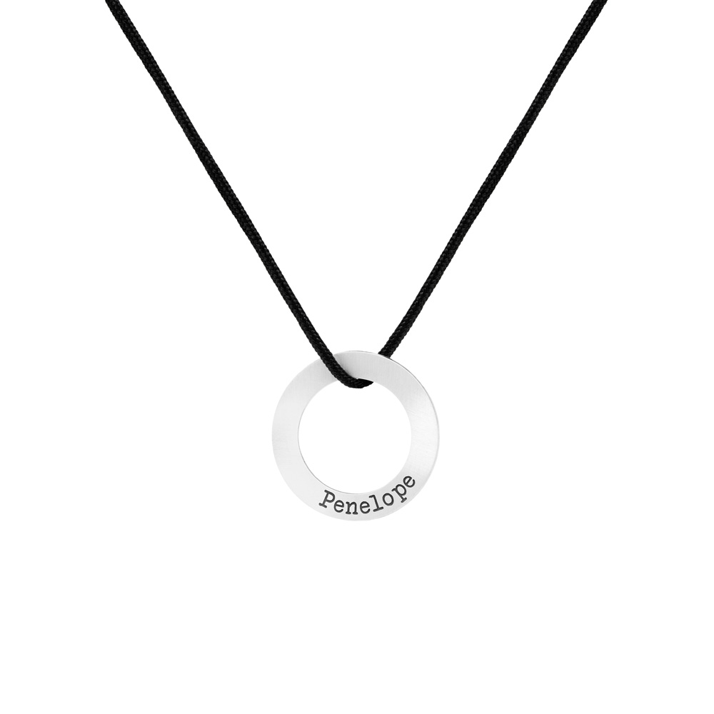 Sterling Silver Personalized Necklace with a Circle Pendant and a black cord on a white background