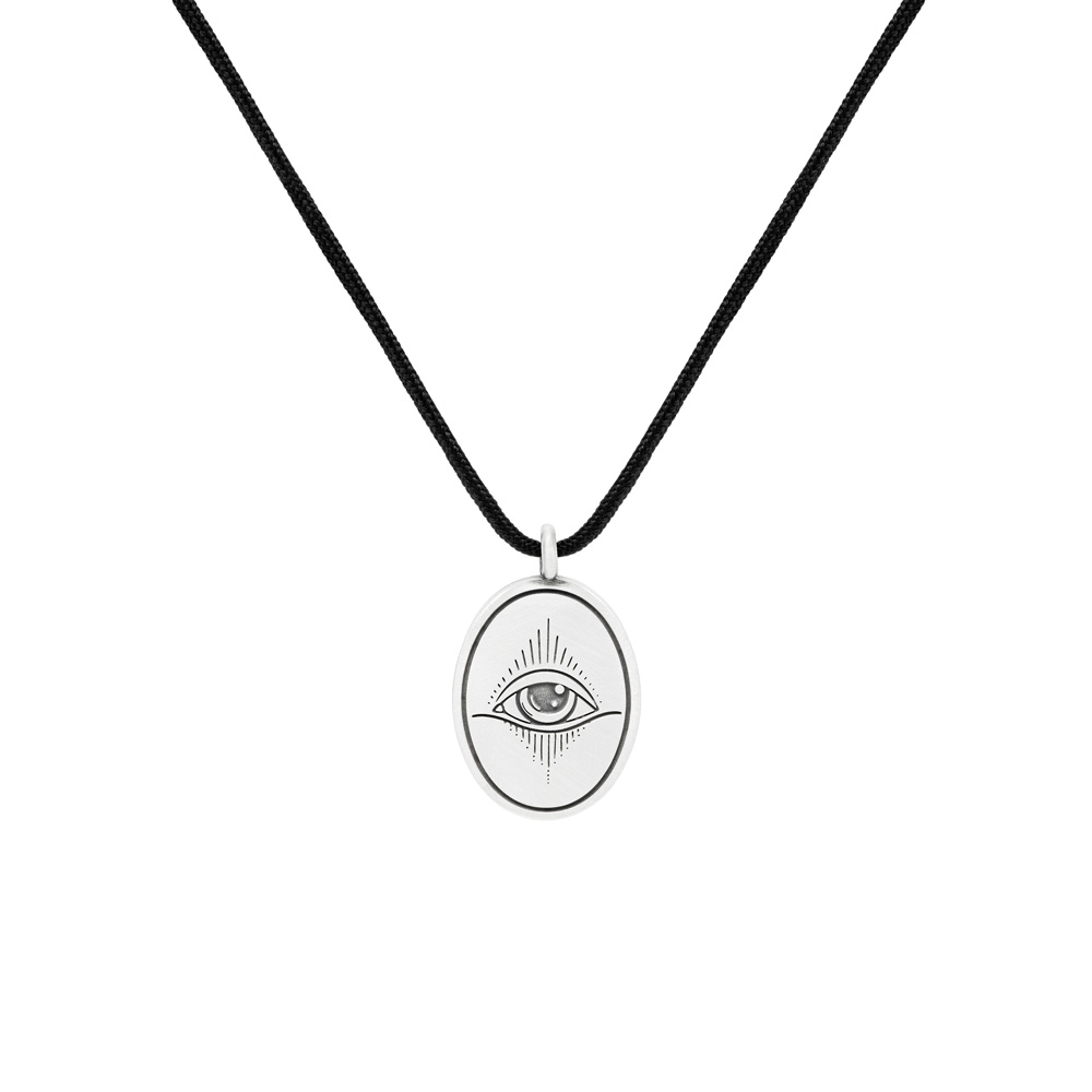 Oval Shaped All-Seeing Eye Necklace with a long black cord displayed on a white background