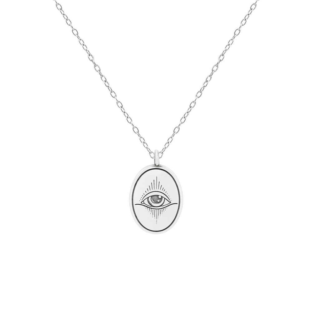 Oval Shaped All-Seeing Eye Necklace with a long chain displayed on a white background