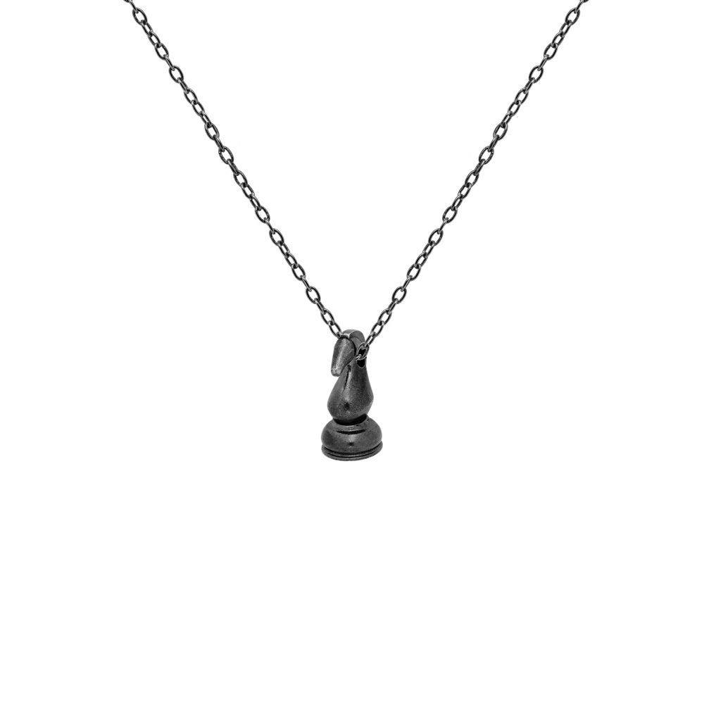Knight Chess Piece Pendant Necklace in Dark Silver with a chain on a white background