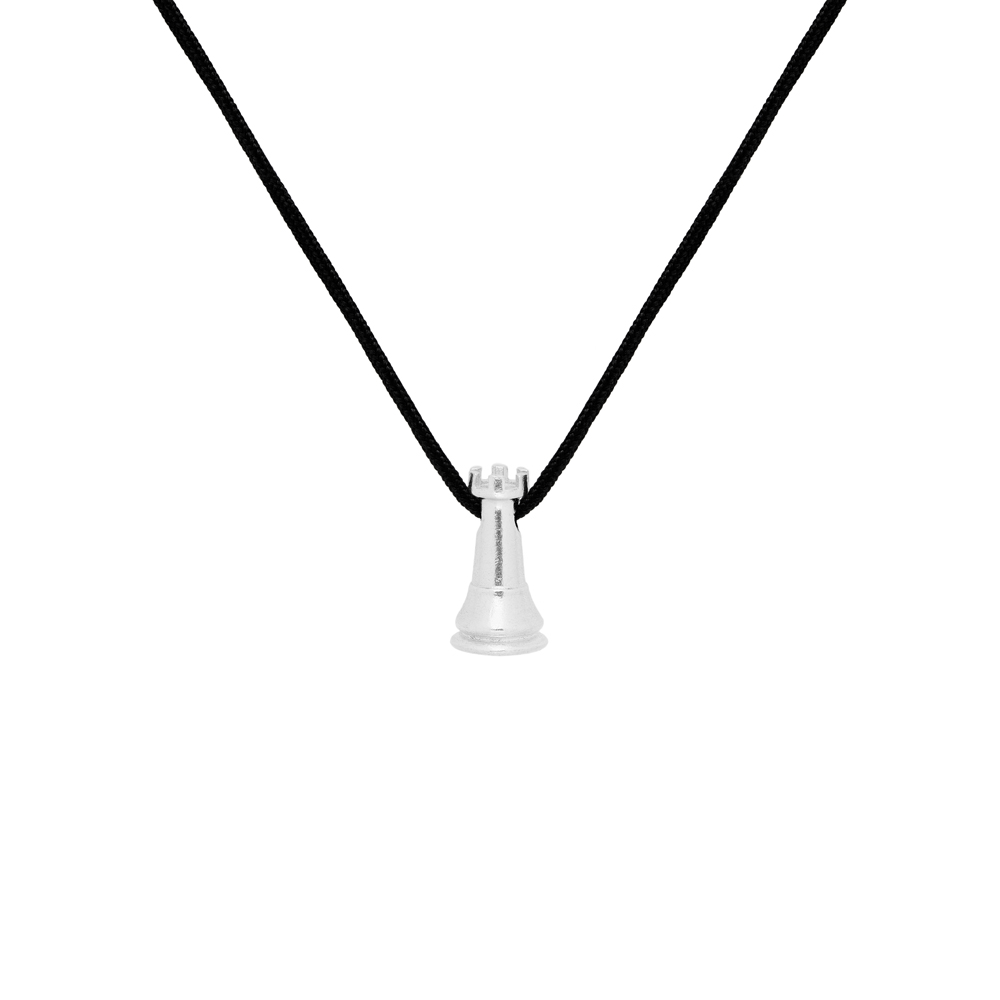 White Rook Chess Piece Necklace in Solid Sterling Silver with a black cord on a white background.
