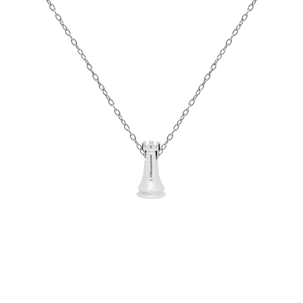 White Rook Chess Piece Necklace in Solid Sterling Silver with a chain on a white background.
