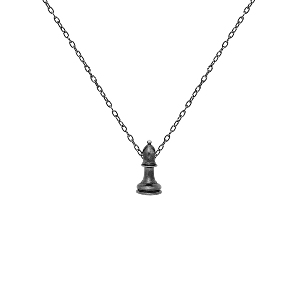 Black Bishop Chess Piece Necklace Sterling Silver on a white background