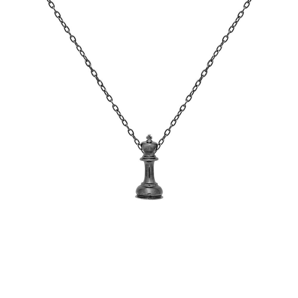 Black King Chess Piece Necklace in Oxidized Sterling Silver with a chain diplayed on a white background.