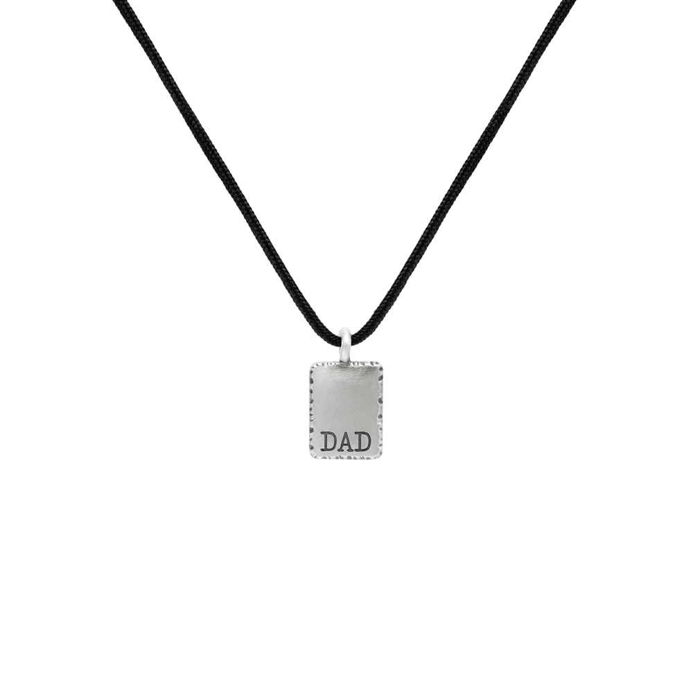 our sterling silver personalized dad pendant with a black cord displayed on a white background.